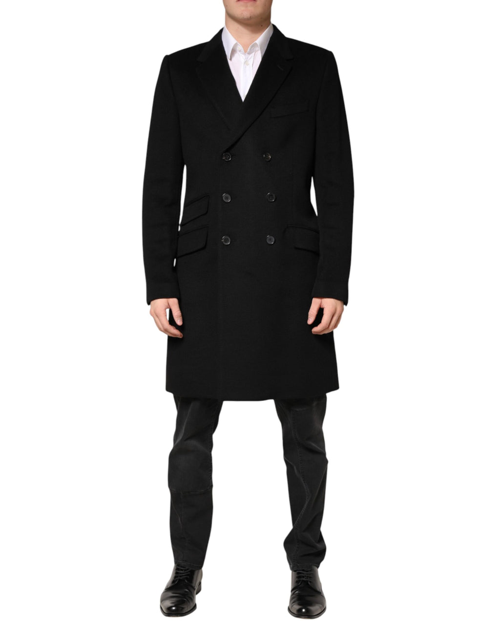 Manteau trench en laine noire à double boutonnage de Dolce & Gabbana, style élégant et sophistiqué, porté sur un mannequin.