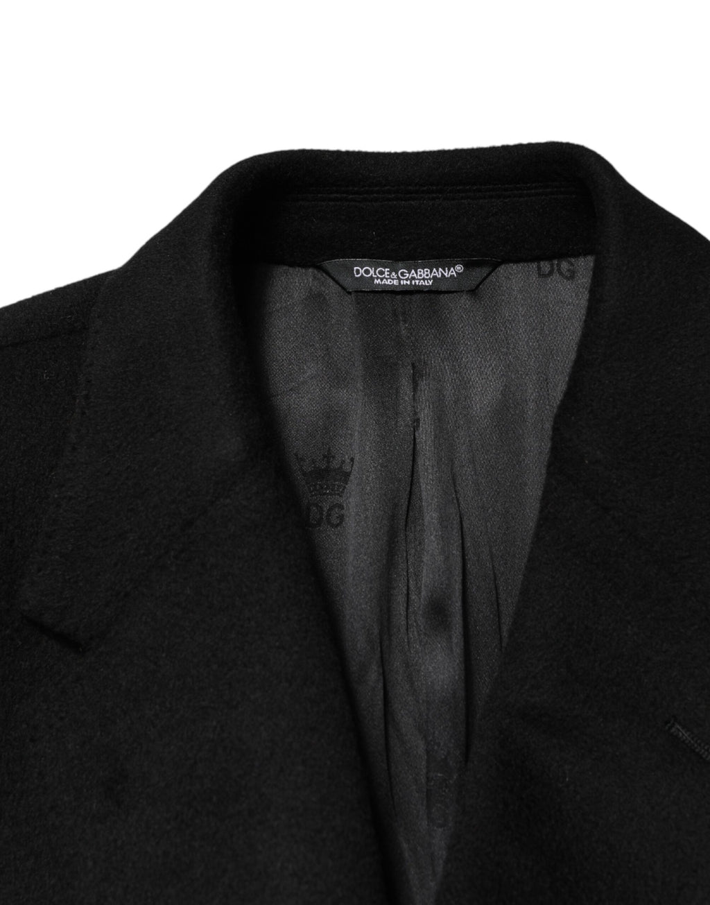 Manteau trench noir en laine Dolce & Gabbana, coupe double boutonnage, veste élégante pour homme ou femme.