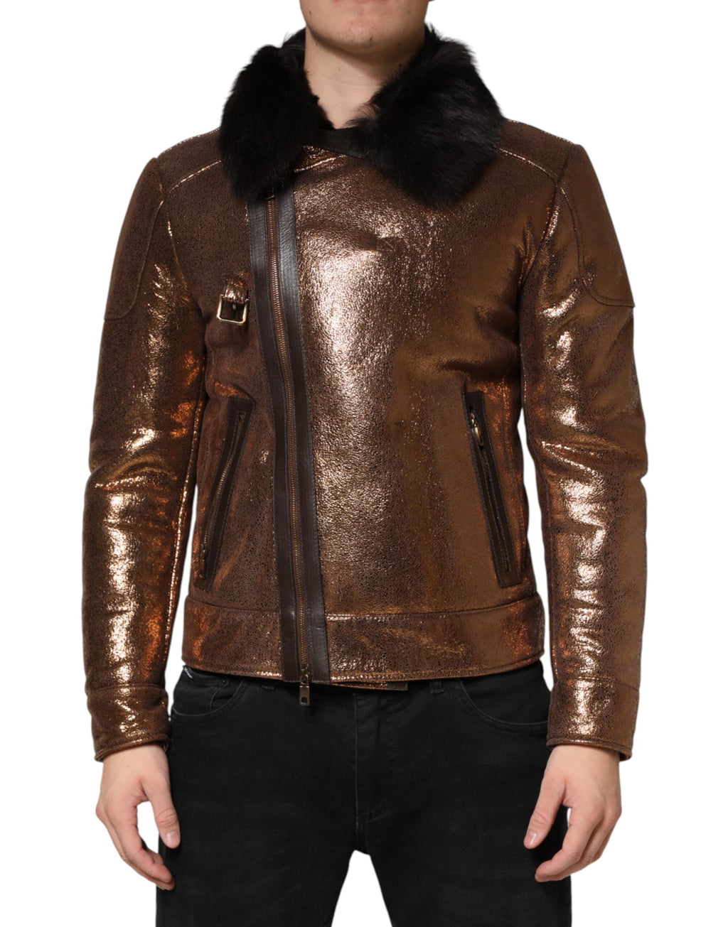 Veste motard en cuir bronze avec fourrure Dolce & Gabbana pour homme, fermeture éclair complète, style élégant et moderne.