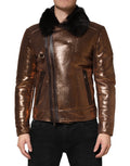Veste en cuir bronze pour homme de la marque Dolce & Gabbana, avec fourrure et fermeture éclair intégrale, style blouson biker.