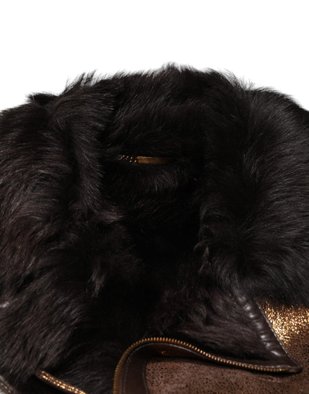 Veste en cuir bronze pour homme de Dolce & Gabbana avec fourrure, zip complet, style biker, vue de face.