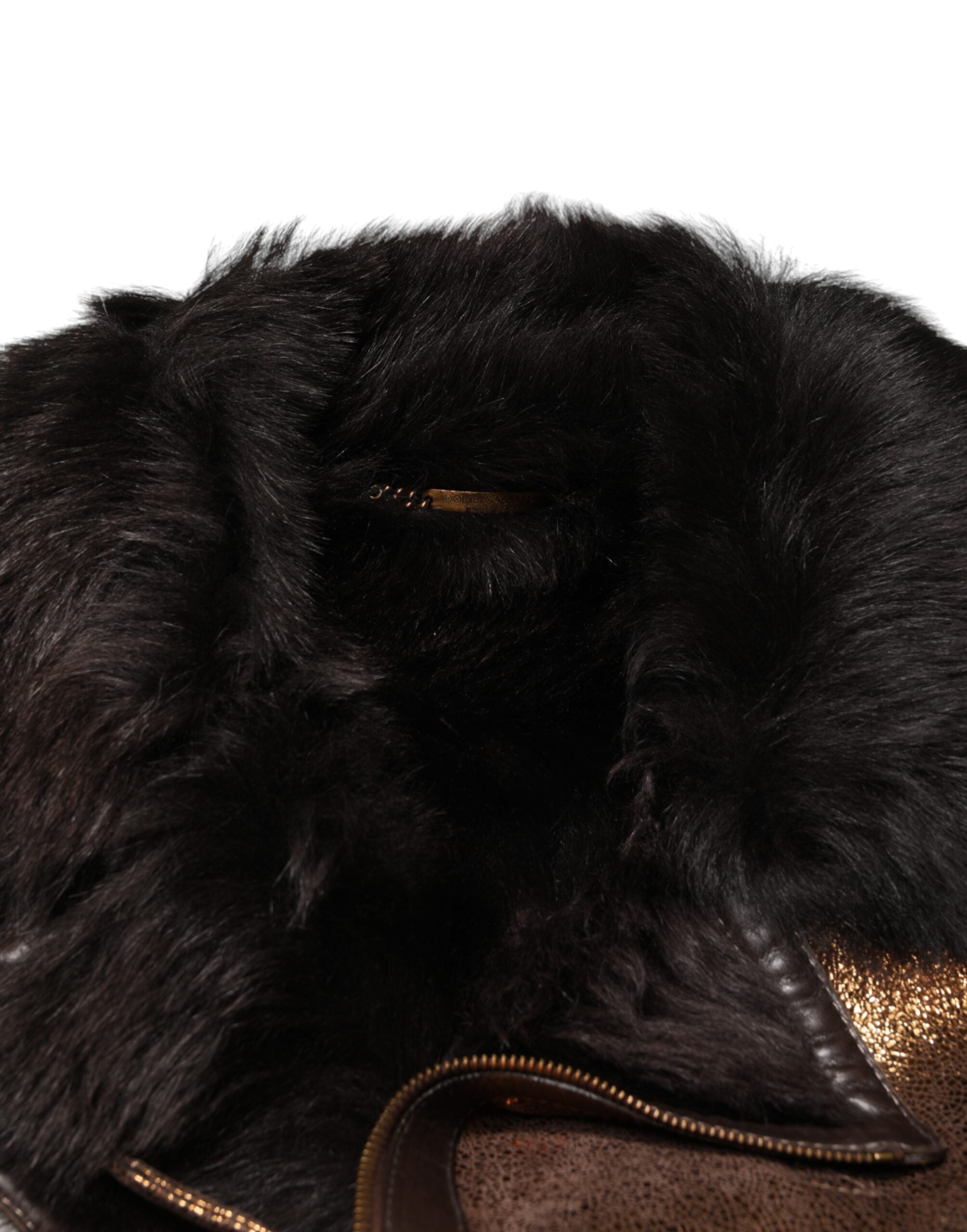 Veste en cuir bronze pour homme de Dolce & Gabbana avec fourrure, zip complet, style biker, vue de face.