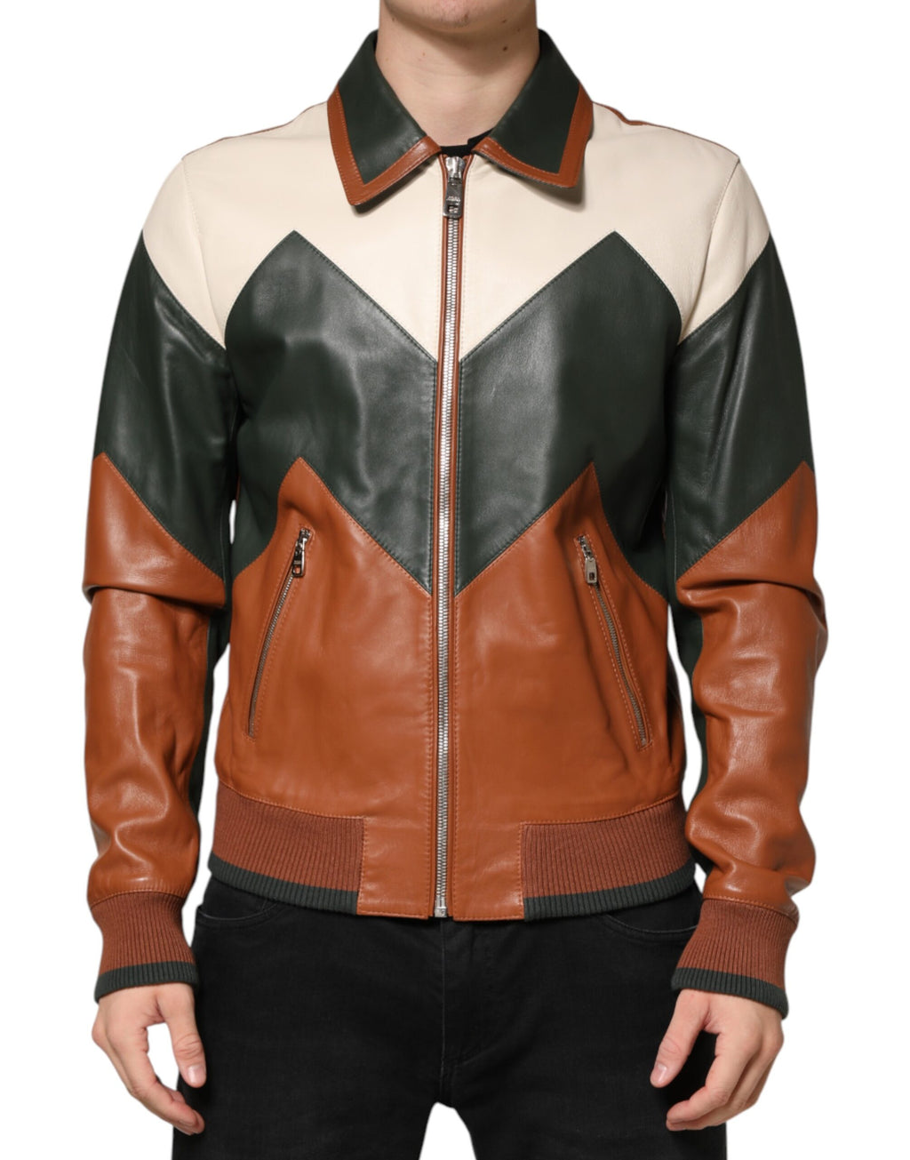 Veste de motard Dolce & Gabbana en cuir multicolore avec fermeture éclair complète, pour homme, style élégant et moderne.