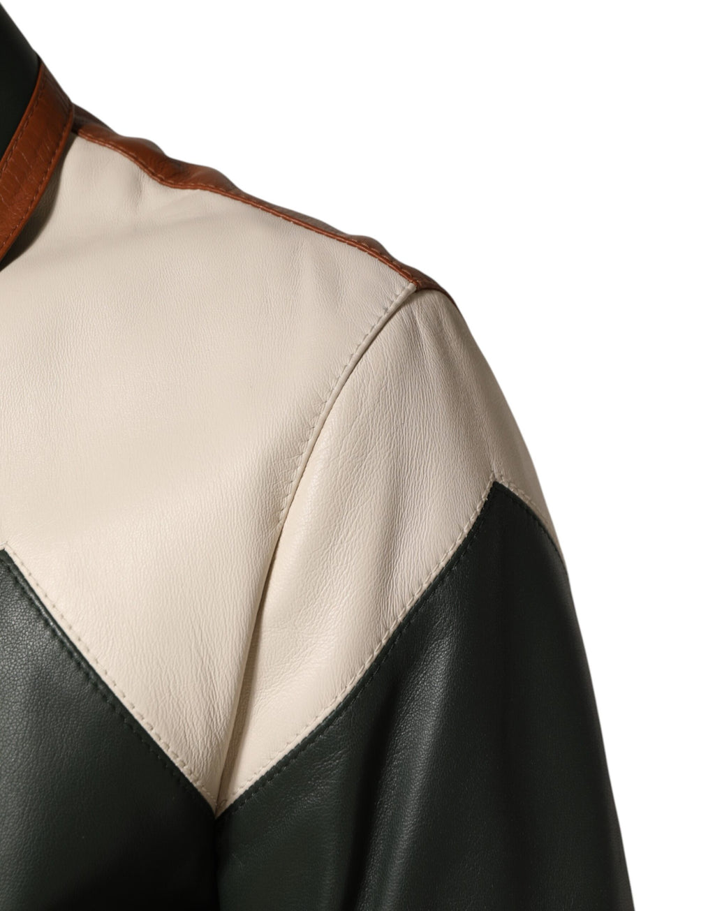 Veste de moto pour homme Dolce & Gabbana en cuir multicolore avec fermeture éclair complète, style biker élégant.