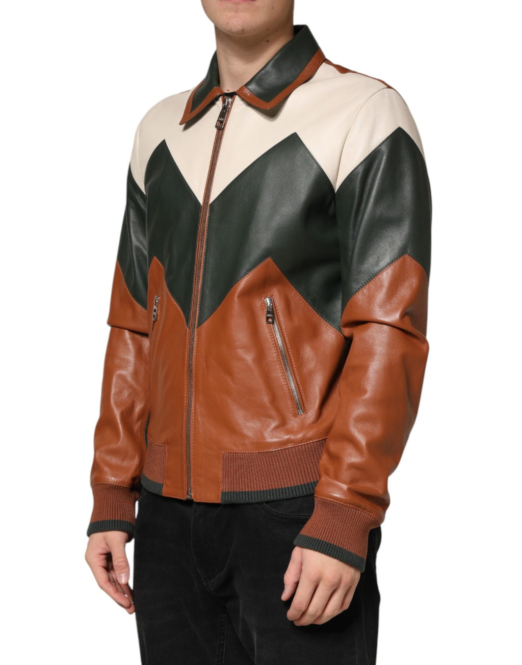Veste en cuir pour homme Dolce & Gabbana, multicolore, style biker avec fermeture éclair complète, détails modernes.