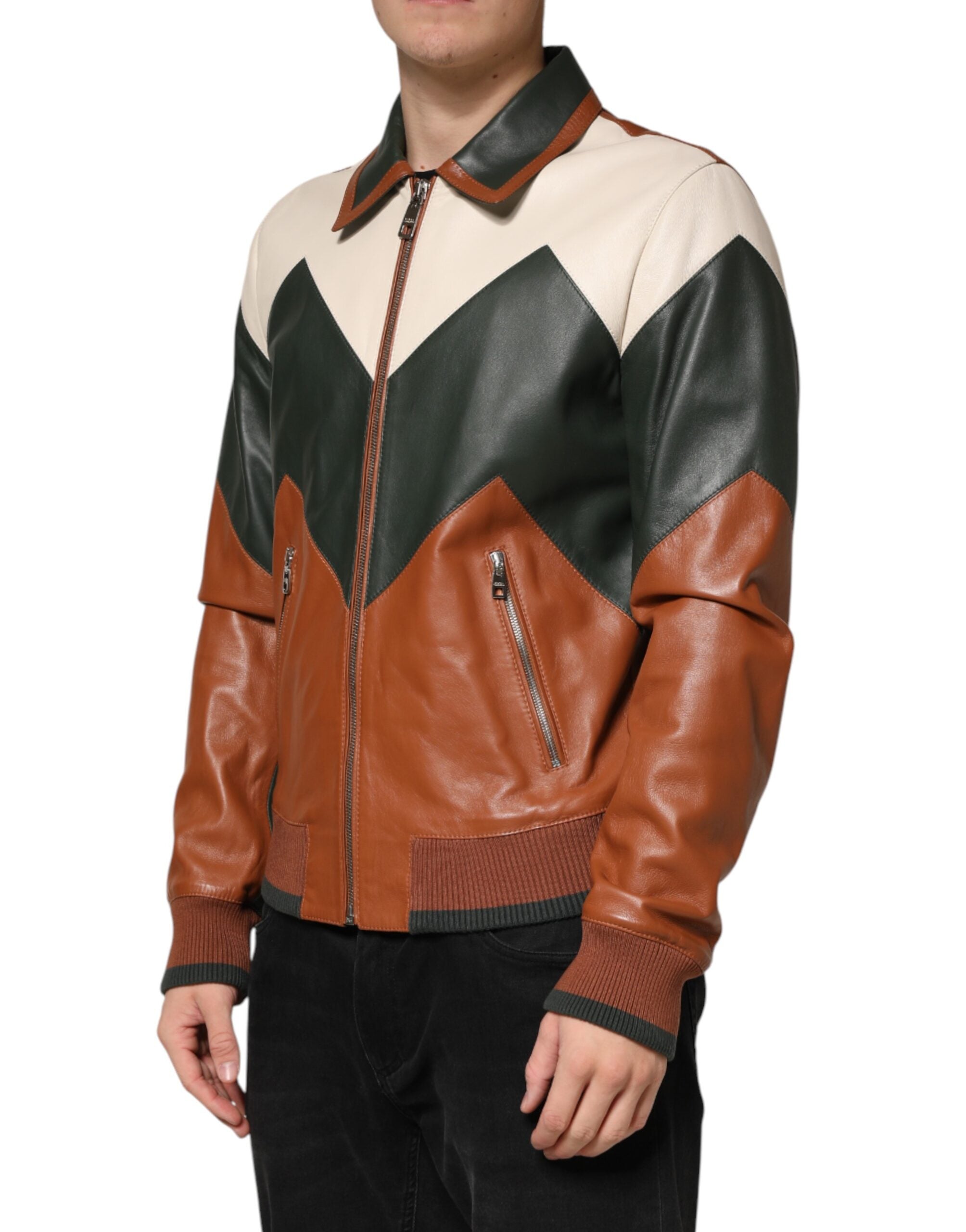 Veste en cuir pour homme Dolce & Gabbana, multicolore, style biker avec fermeture éclair complète, détails modernes.
