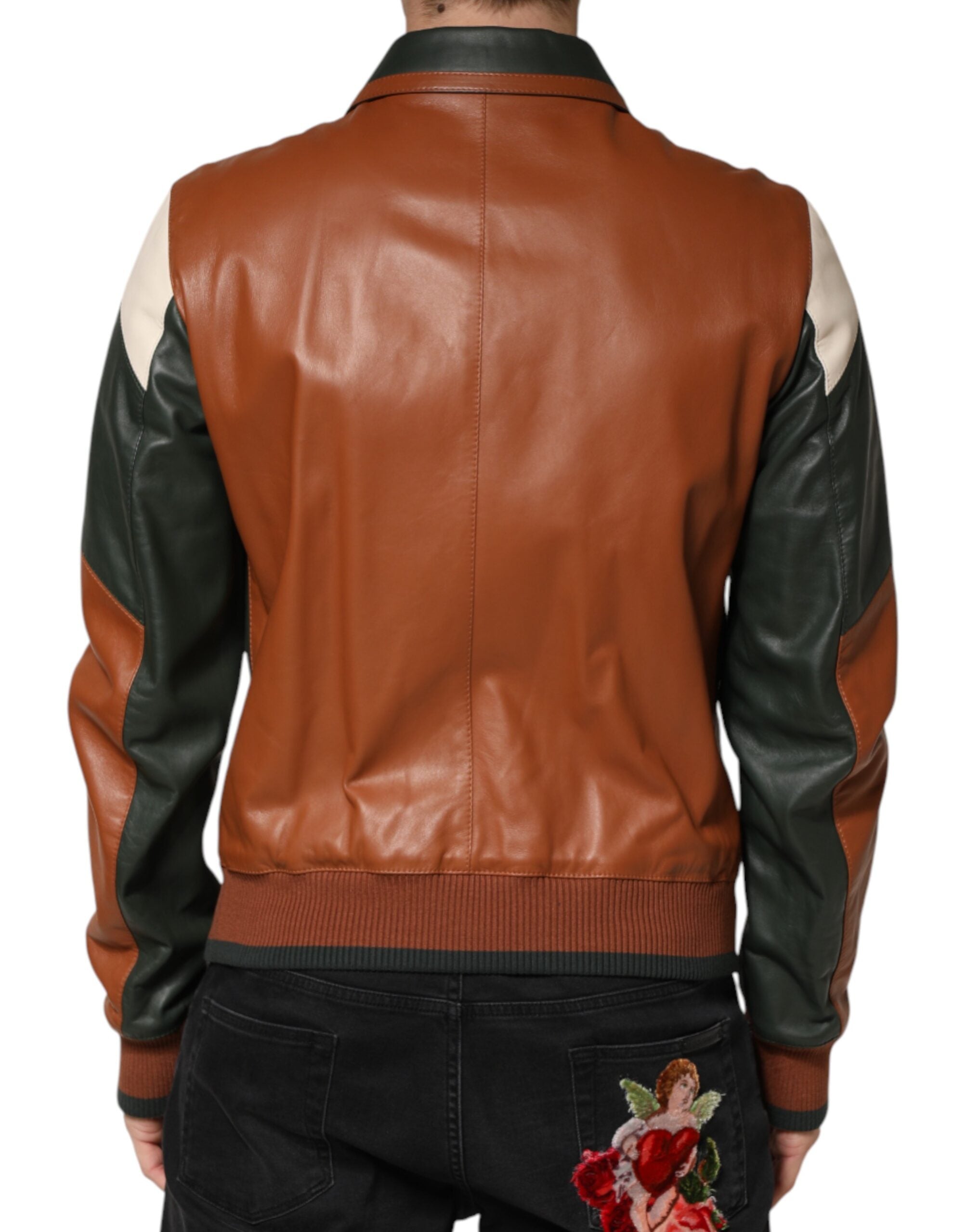 Veste en cuir multicolore Dolce & Gabbana pour homme, style blouson biker avec fermeture éclair complète.