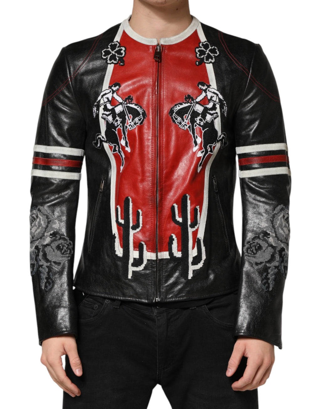 Veste de moto homme Dolce & Gabbana Guns n' Roses à fermeture éclair, multicolore, style biker, détails graphiques visibles.