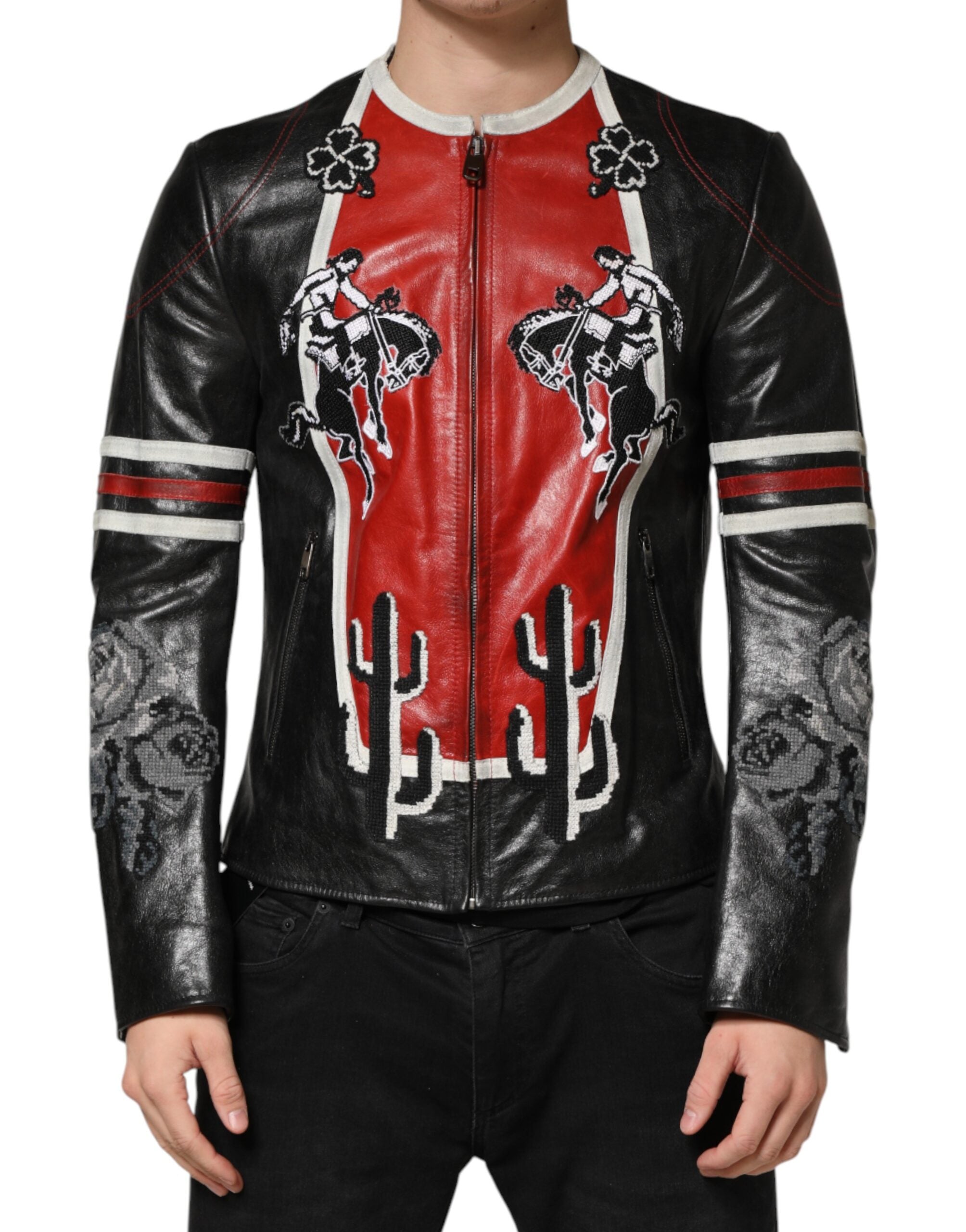 Veste de moto homme Dolce & Gabbana Guns n' Roses à fermeture éclair, multicolore, style biker, détails graphiques visibles.