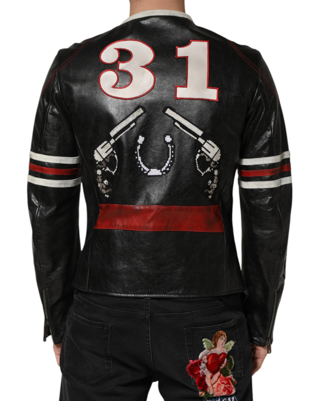 Veste en cuir pour homme Dolce & Gabbana Guns n' Roses à fermeture éclair, motif multicolore et style biker.