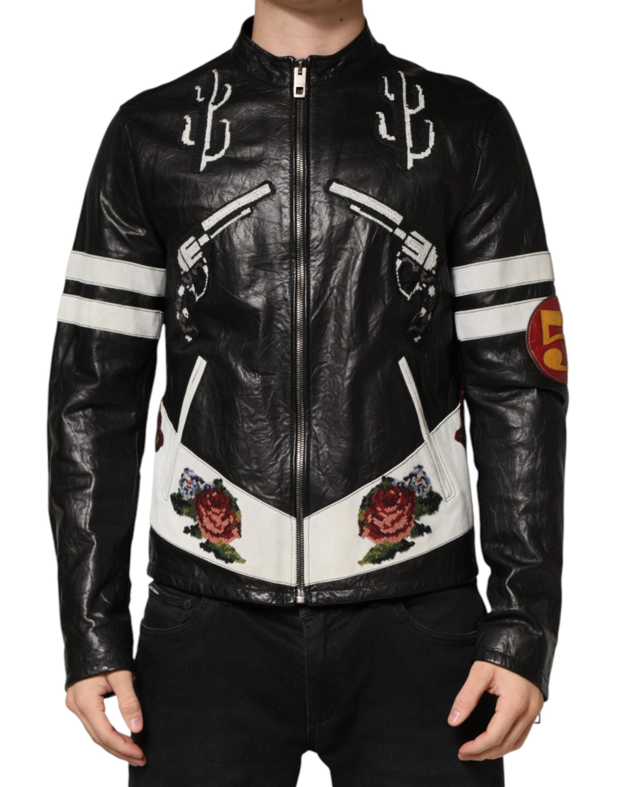 Veste en Moto Dolce & Gabbana noire Guns n' Roses à fermeture éclair pour homme, style biker avec motifs graphiques.