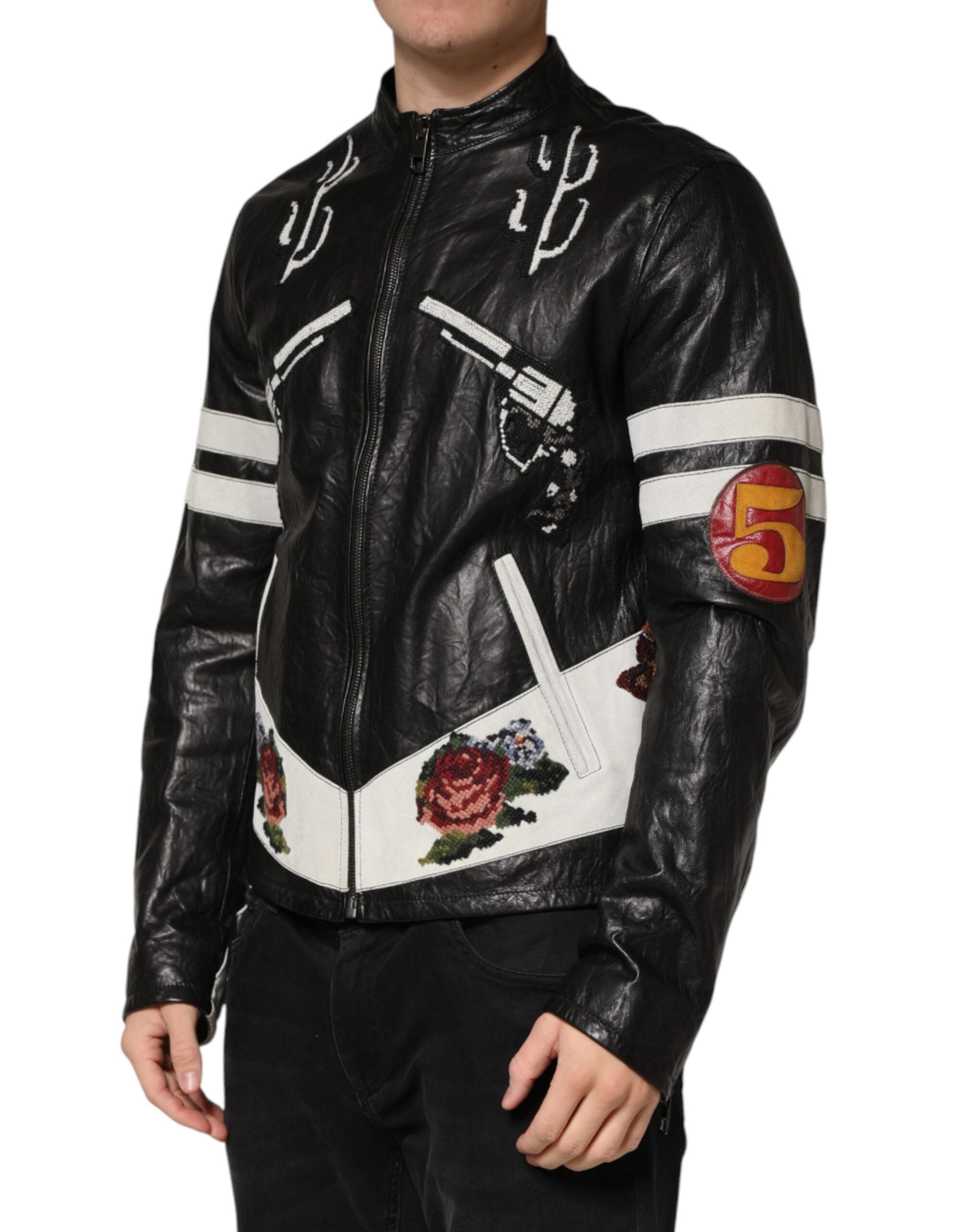 Veste en cuir noire Dolce & Gabbana Guns n' Roses pour homme, zip intégral, style biker avec logo et détails rock.
