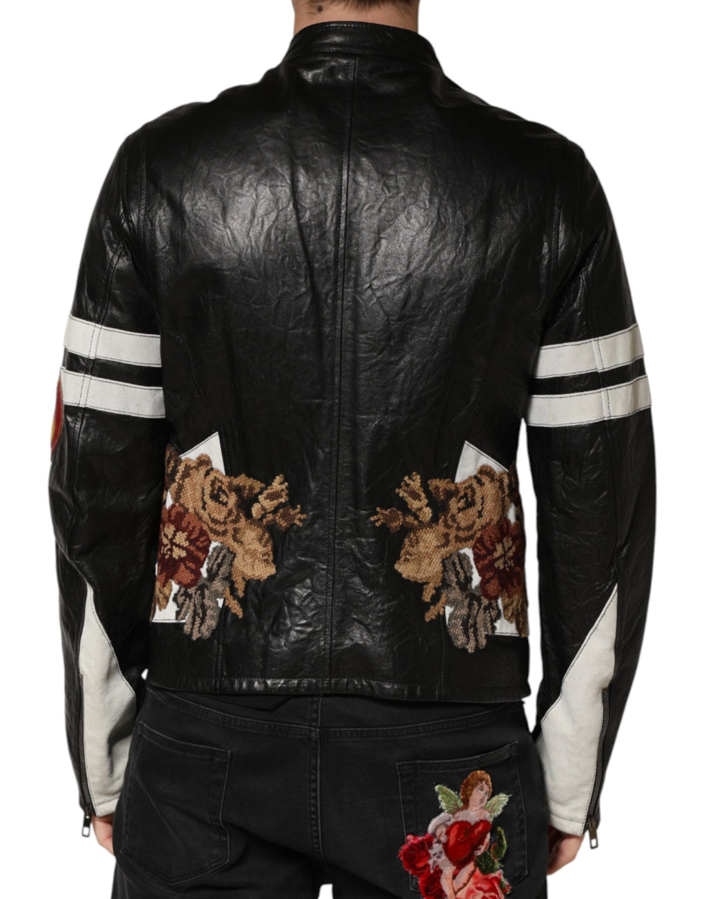 Veste en cuir noir Dolce & Gabbana Guns n' Roses pour homme, zip intégral, style biker avec logo et détails rock.