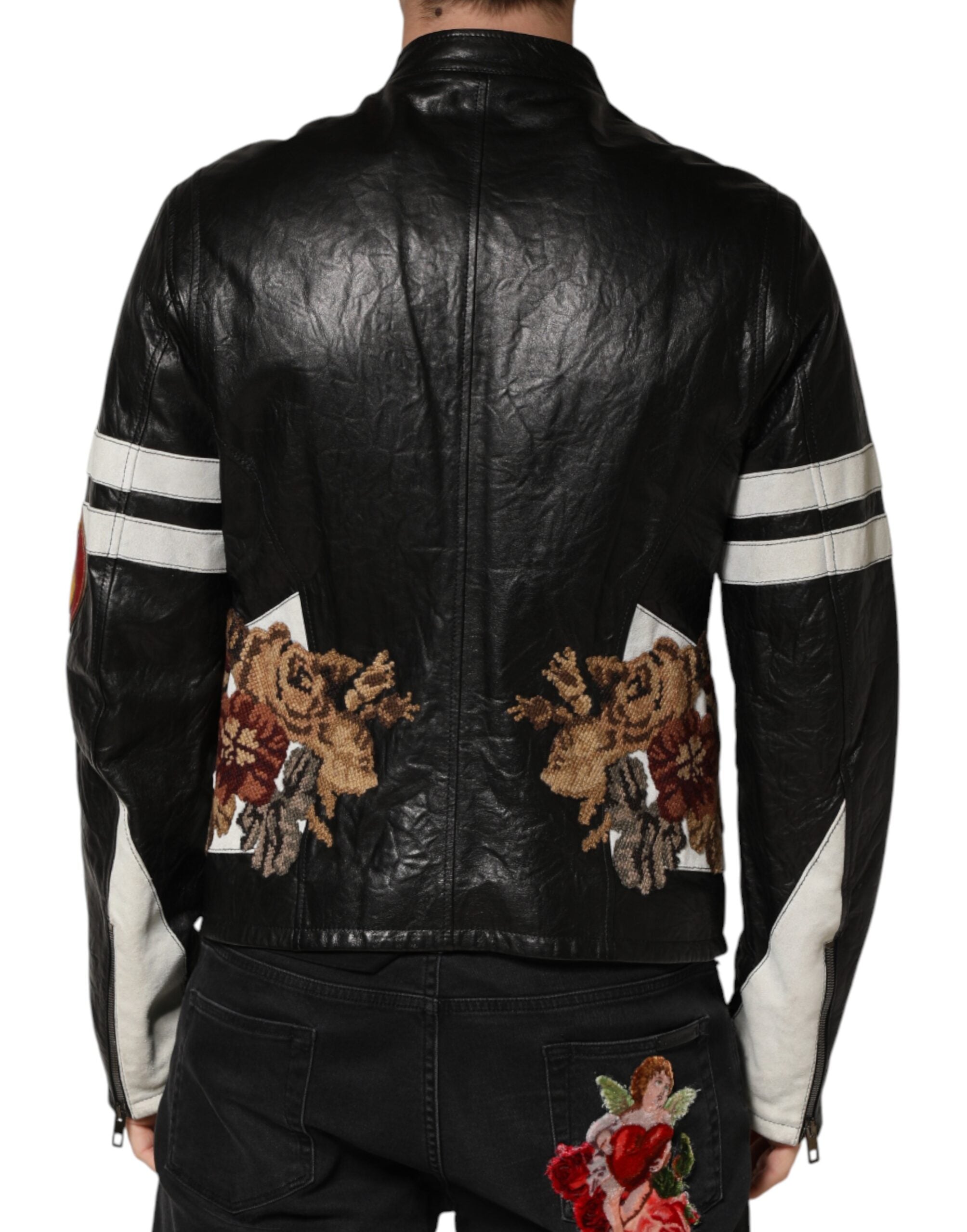 Veste en cuir noir Dolce & Gabbana Guns n' Roses pour homme, zip intégral, style biker avec logo et détails rock.
