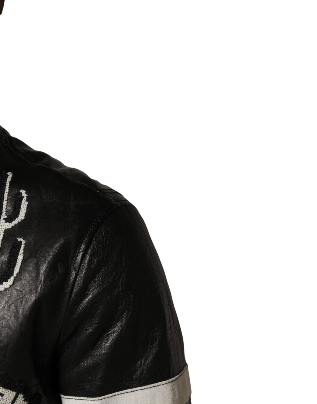 Veste en cuir noire Dolce & Gabbana Guns n' Roses pour homme, style biker avec fermeture éclair complète.