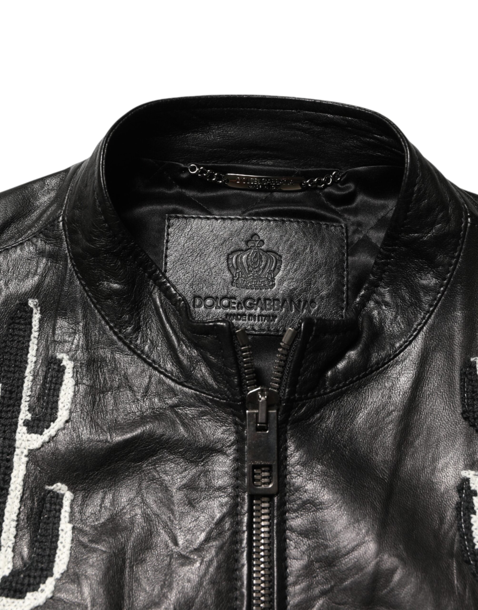 Veste noire Dolce & Gabbana Guns n' Roses pour homme, blouson en cuir style biker avec fermeture éclair complète.