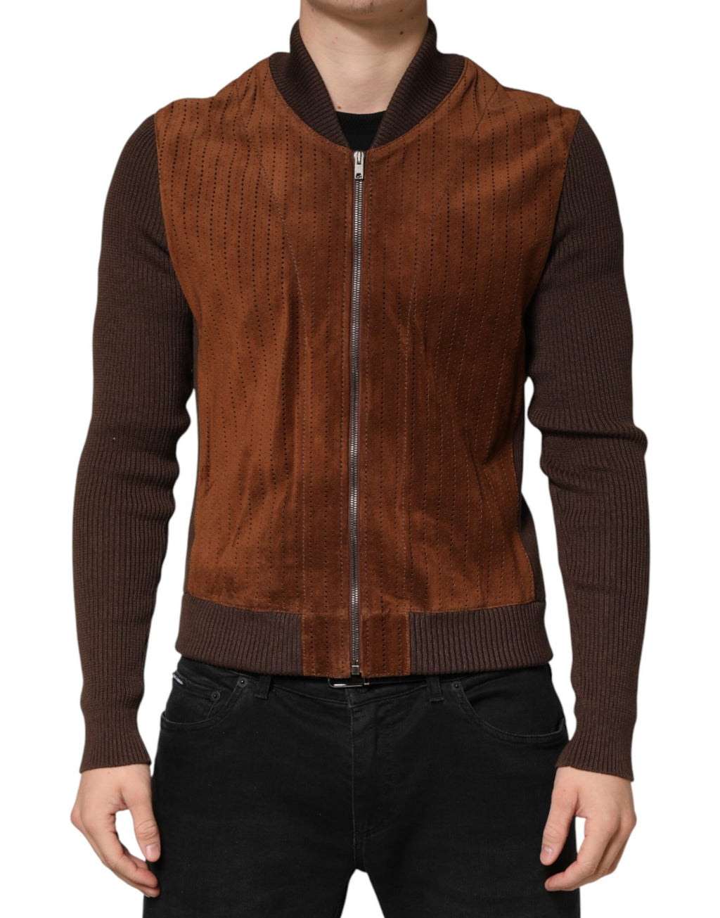 Veste en velours brun Dolce & Gabbana pour homme, veste motard en cuir de veau avec fermeture éclair complète.
