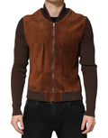 Veste en velours brun Dolce & Gabbana pour homme, veste motard en cuir de veau avec fermeture éclair complète.