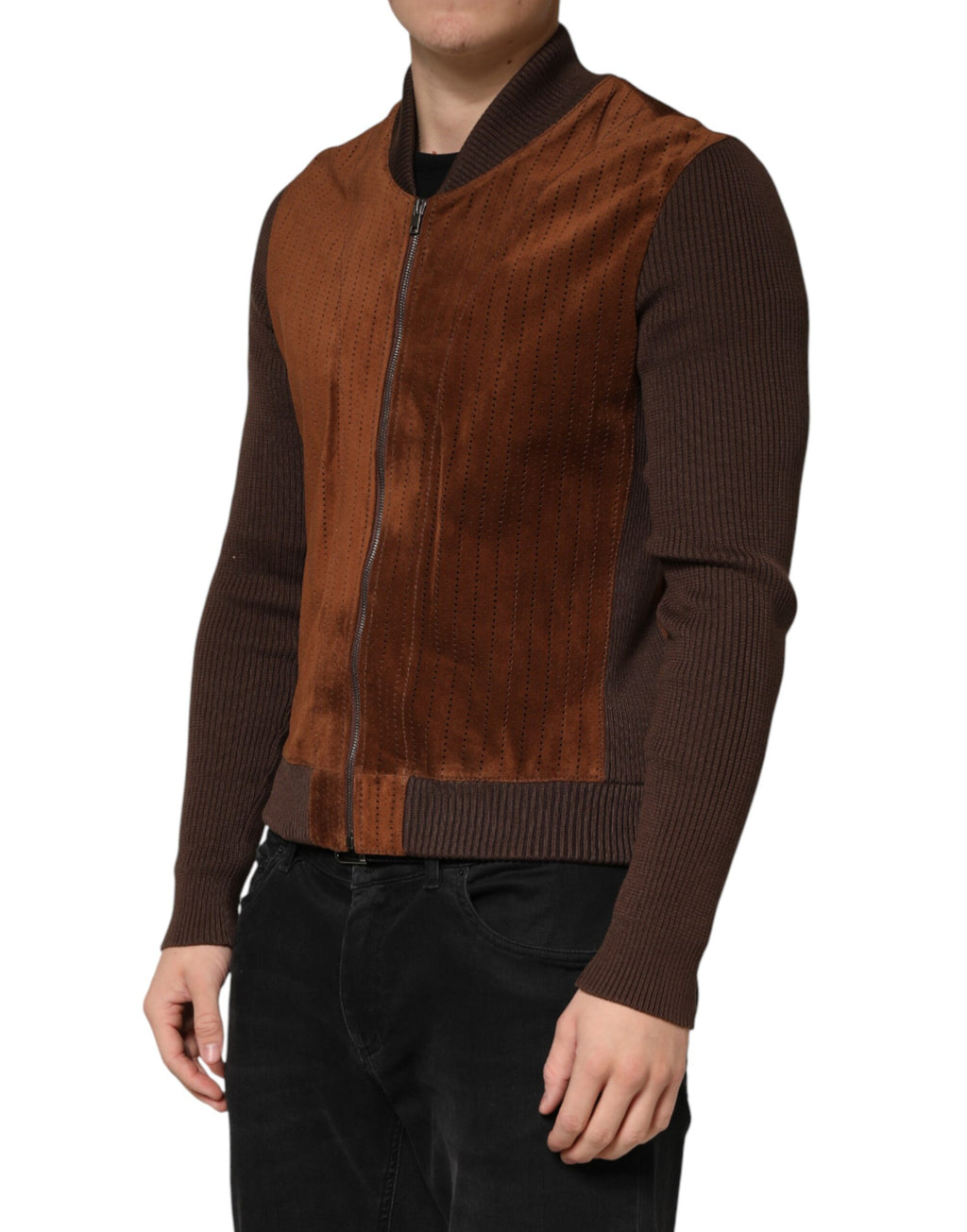 Veste motard en velours marron en veau pleine longueur de Dolce & Gabbana, avec fermeture éclair complète et style élégant.