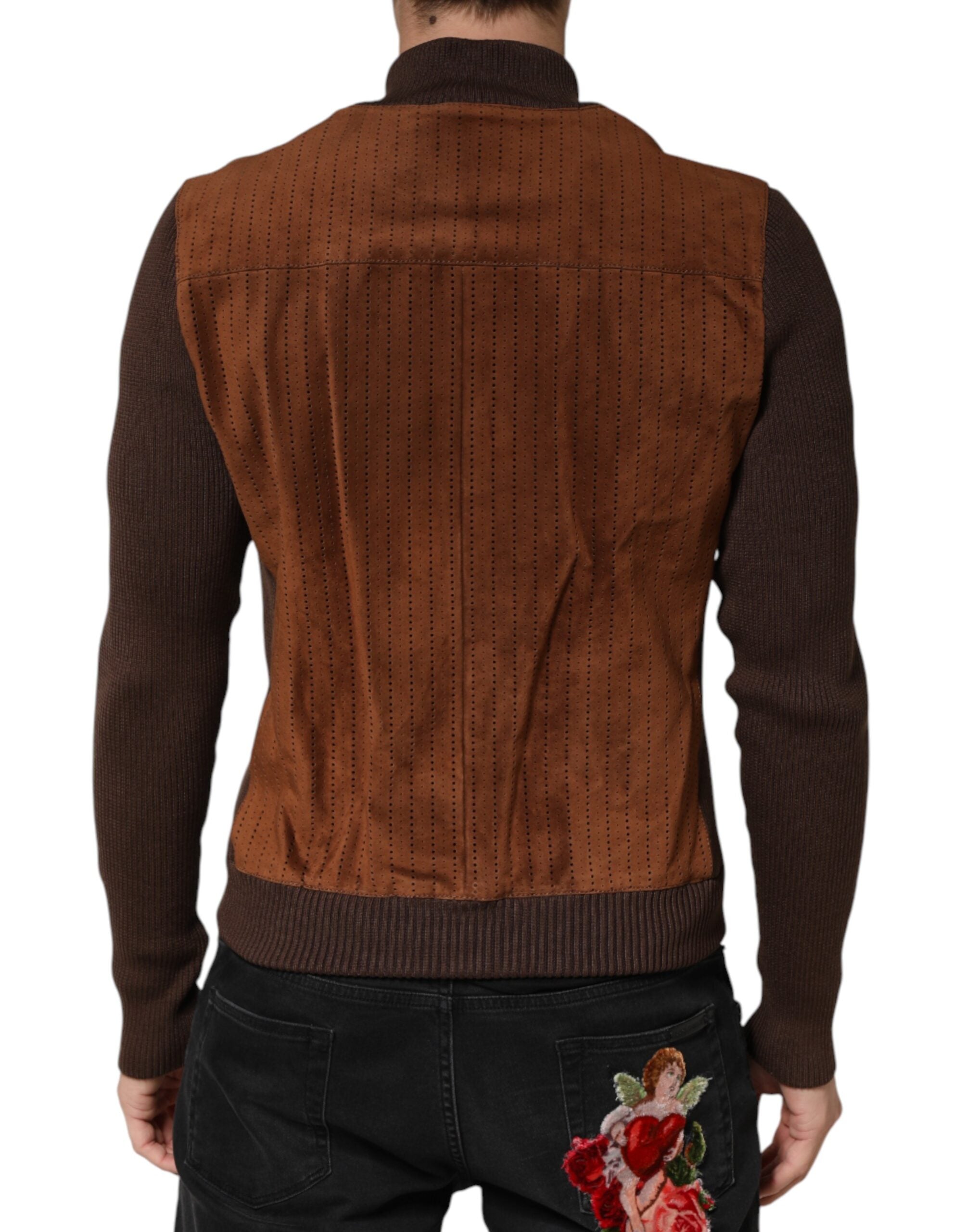 Veste biker en velours marron en veau Dolce & Gabbana avec fermeture éclair complète, détails élégants et style moderne.