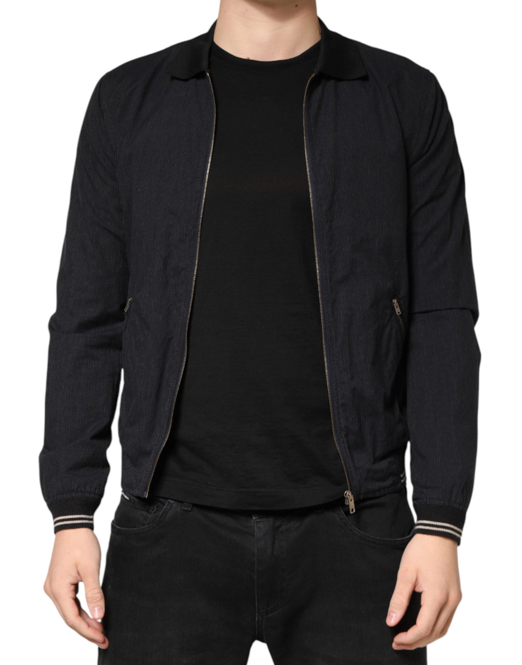 Veste bomber homme Dolce & Gabbana en coton bleu foncé avec fermeture éclair complète, style décontracté et design élégant.