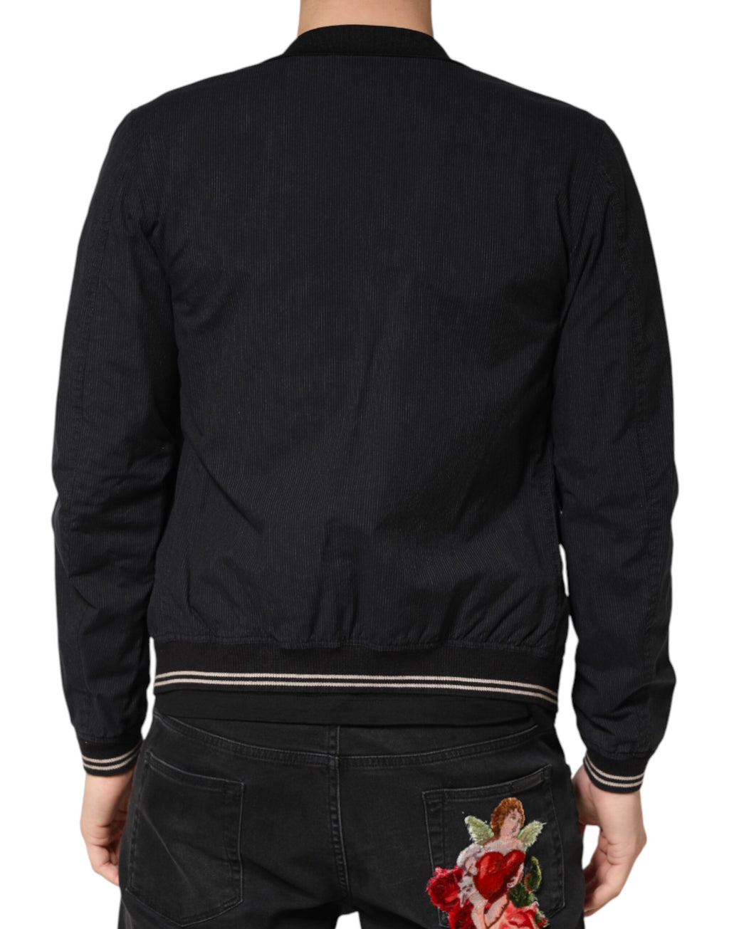 Veste bomber homme Dolce & Gabbana en coton bleu foncé avec fermeture éclair complète, style décontracté et moderne.