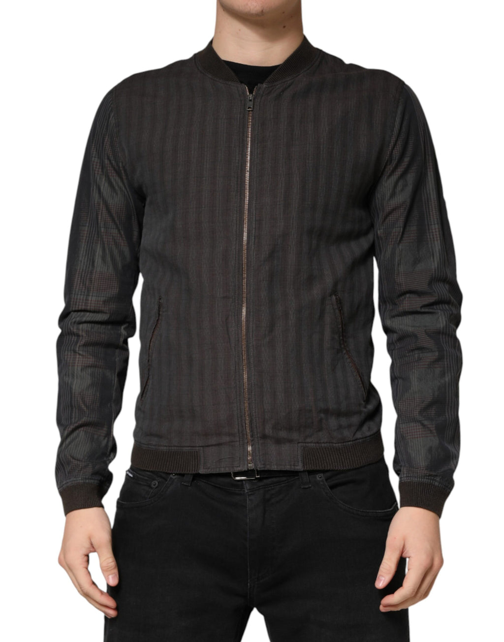 Veste bomber noire en coton à rayures, fermeture éclair complète, de la marque Dolce & Gabbana, visible en gros plan.