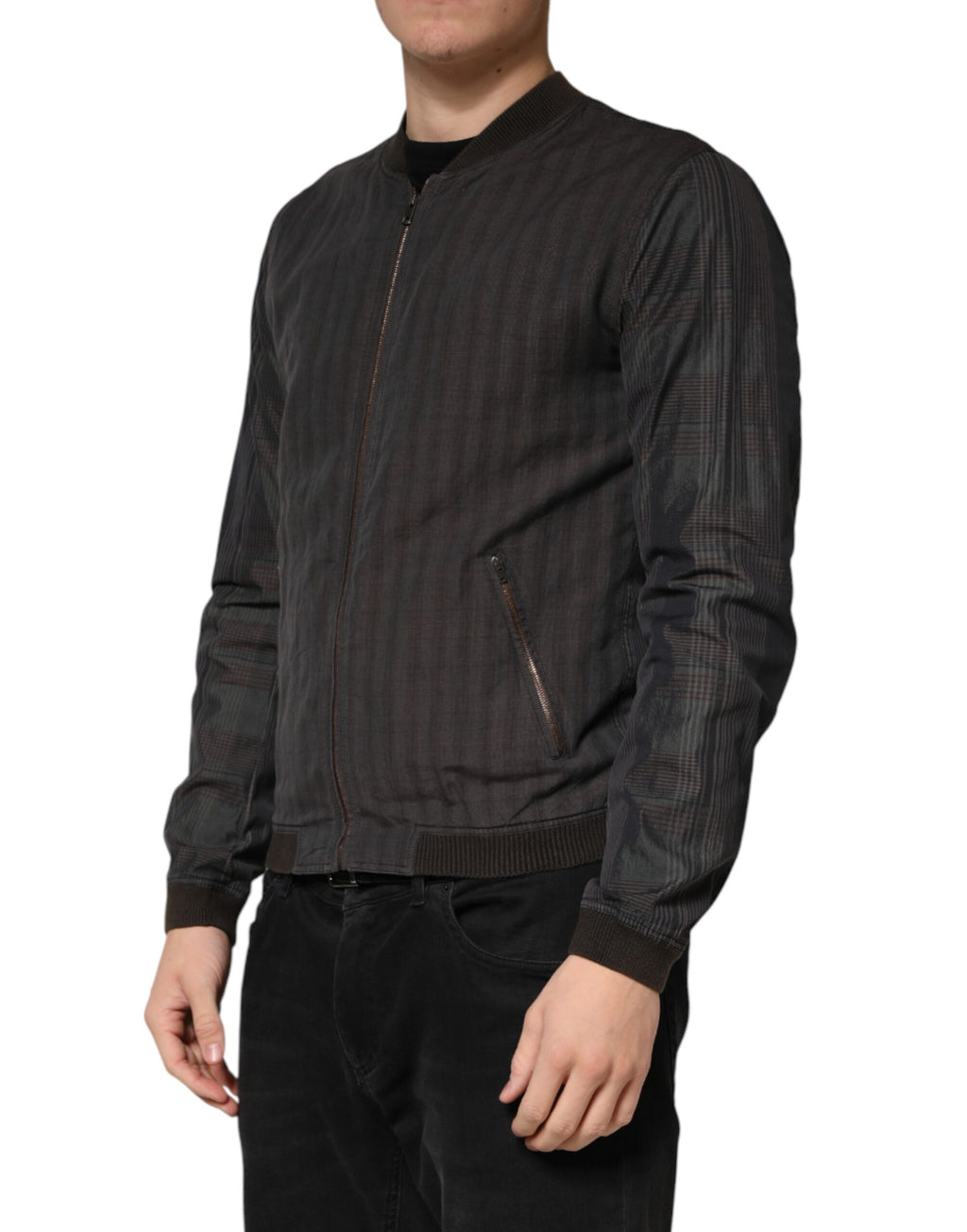 Veste bomber en coton noir à rayures Dolce & Gabbana avec fermeture éclair complète, style moderne et élégance sophistiquée.