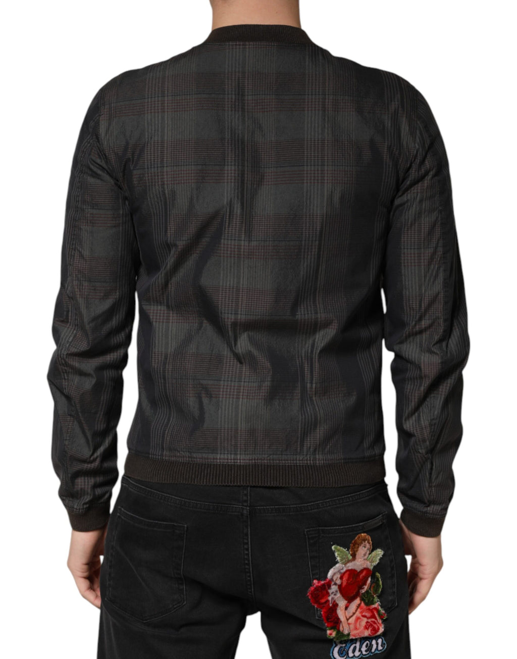 Veste bomber en coton noir à rayures Dolce & Gabbana avec fermeture éclair complète, style élégant et moderne.