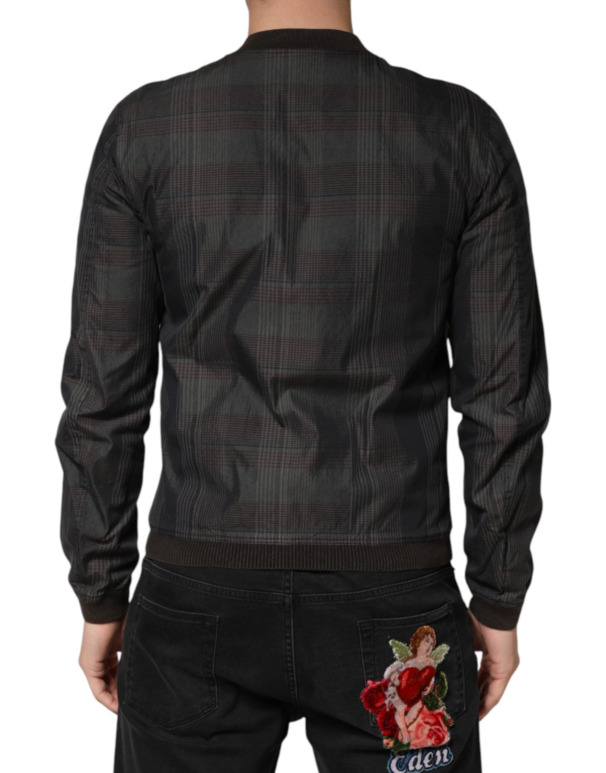 Veste bomber en coton noir à rayures Dolce & Gabbana avec fermeture éclair complète, style élégant et moderne.