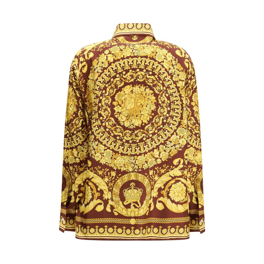 Chemise en soie à motif bordeaux de Versace, élégante chemise pour homme avec design sophistiqué et tissu de qualité.