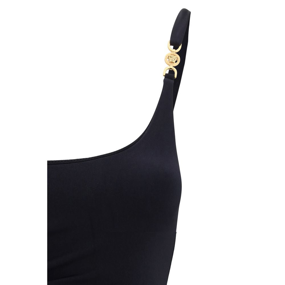 Maillot de bain une pièce Versace noir en polyamide, ajusté et élégant, visible avec détails et coupe flatteuse.