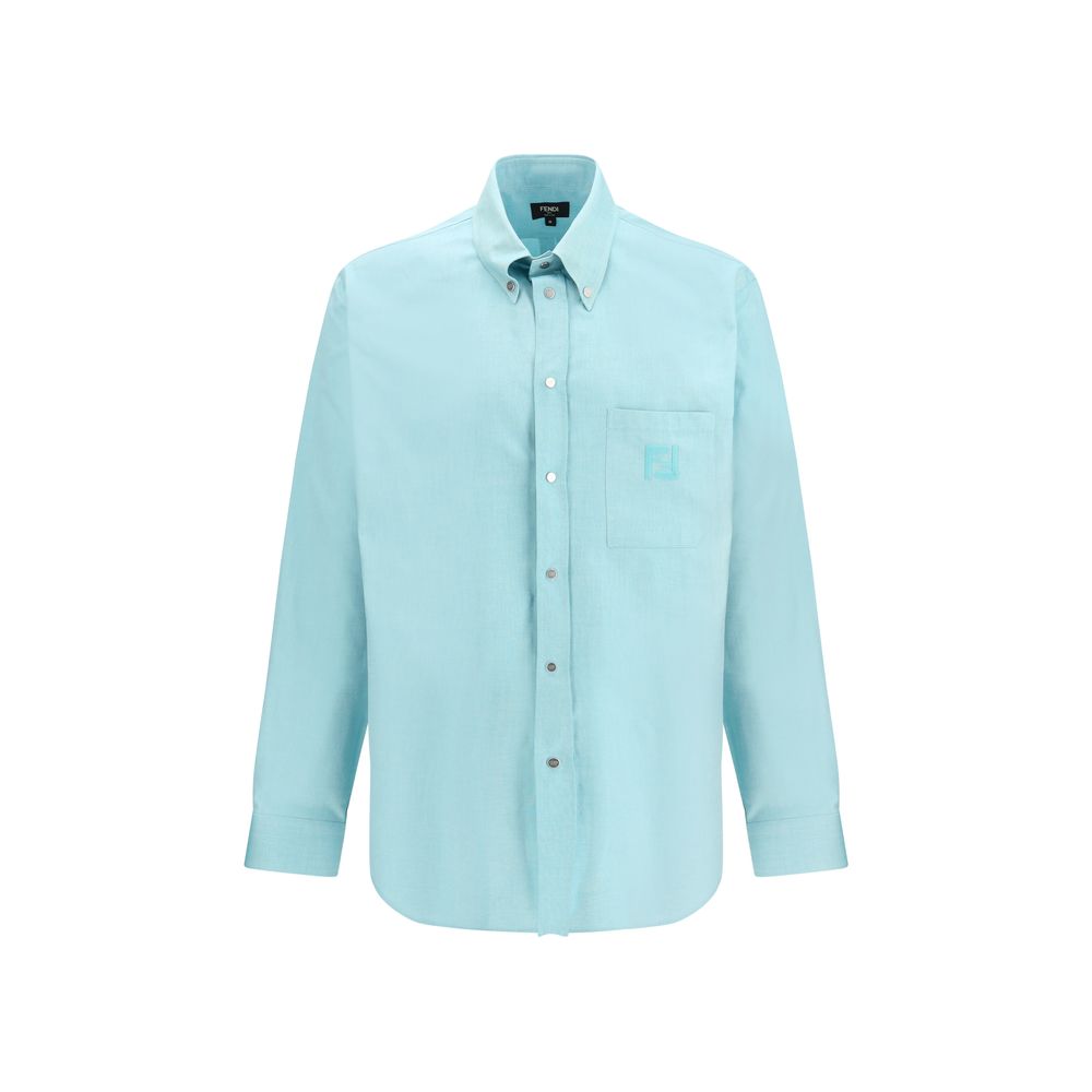 Chemise bleue en coton Fendi, élégante chemise pour homme avec col classique et boutons, vue de face.