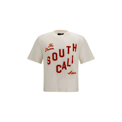 T-shirt amiri beige en coton à manches courtes avec lettrage rouge audacieux south cali et texte script