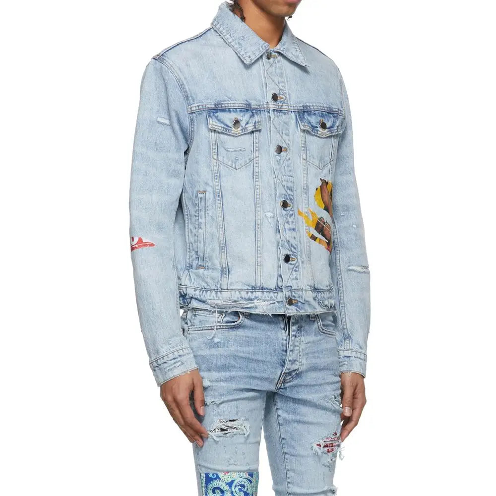 Veste en denim bleu clair amiri en coton avec patchs déchirés et broderies sur la poitrine et la manche