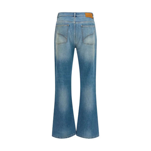 Jean flare amiri bleu en coton denim clair avec effet délavé et patch cuir marron à la taille vue arrière