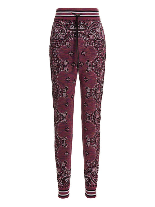 Amiri purple cotton joggers with maroon and black paisley knit pattern and striped waistband and cuffs