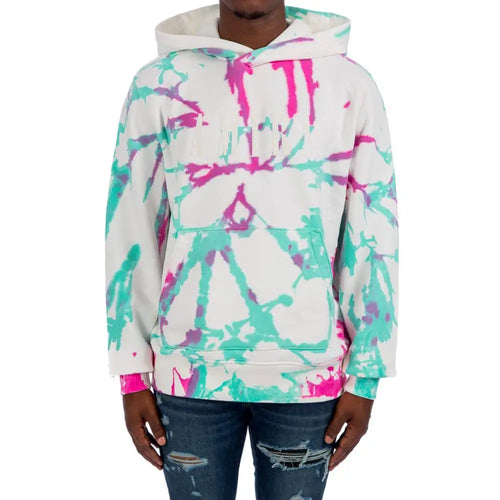 Amiri white cotton sweatshirt with vibrant pink and teal tie-dye pattern and cream hood lining