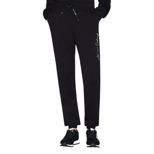 Joggers armani exchange bicolor en viscose noirs avec taille à cordon et logo blanc cursif sur la jambe gauche