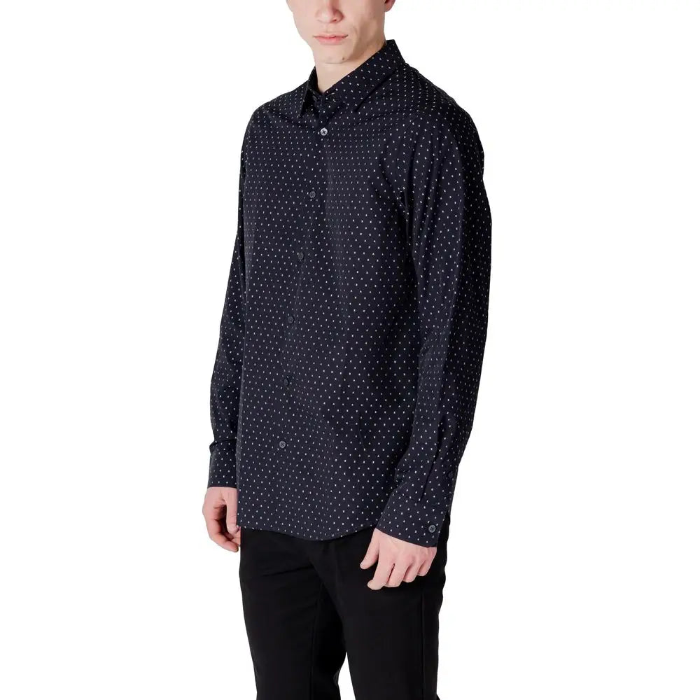 Chemise armani exchange bleu en coton avec motif à pois blancs subtils manches longues boutons noirs