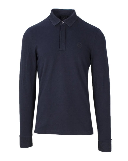 Navy blue cotton armani exchange long-sleeved polo shirt with subtle embroidered logo on the chest