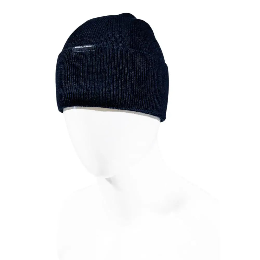 Black ribbed knit beanie with small front label shown with armani exchange blue marabou cap baseball hat