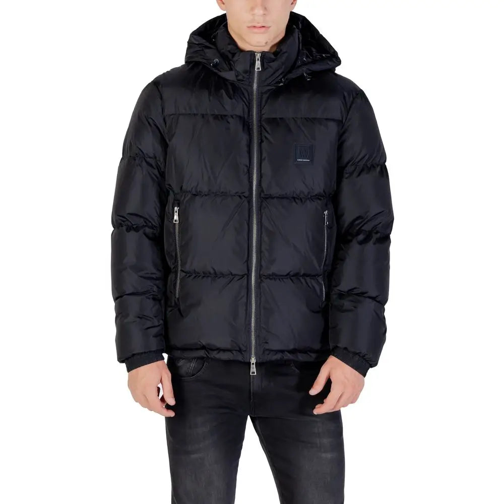 Veste noire matelassée avec capuche et zips argentés en polyamide armani exchange blue polyamide coat