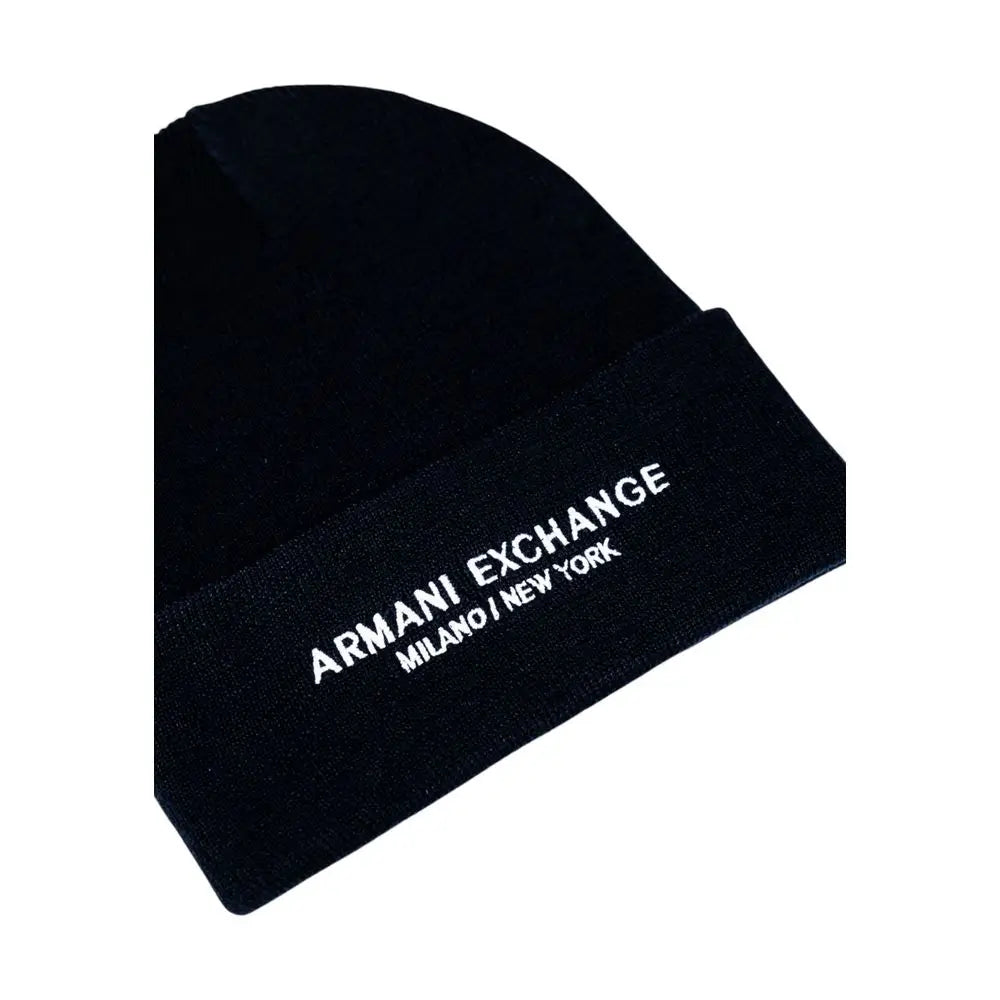 Bonnet noir armani exchange en polyester avec logo blanc brodé et texte milano new york sur le revers