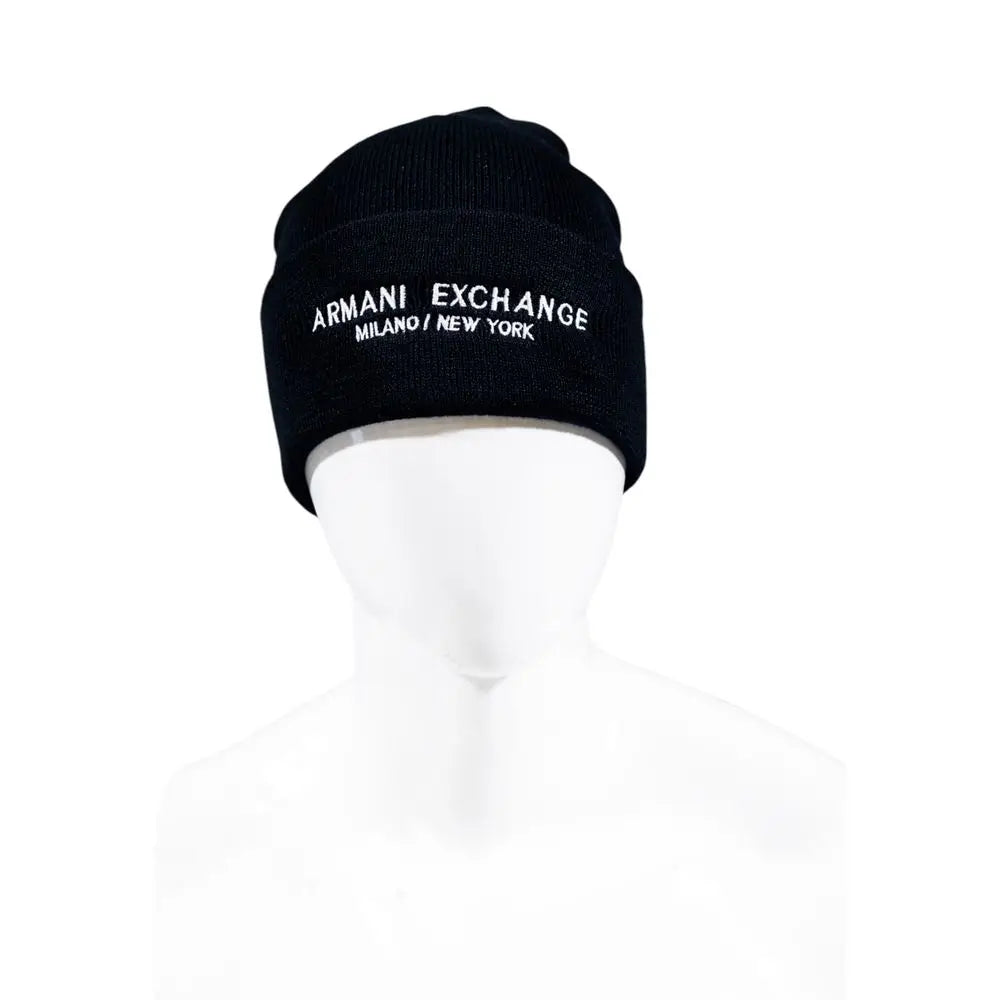 Bonnet noir armani exchange en polyester avec logo blanc brodé et texte milano new york vue avant