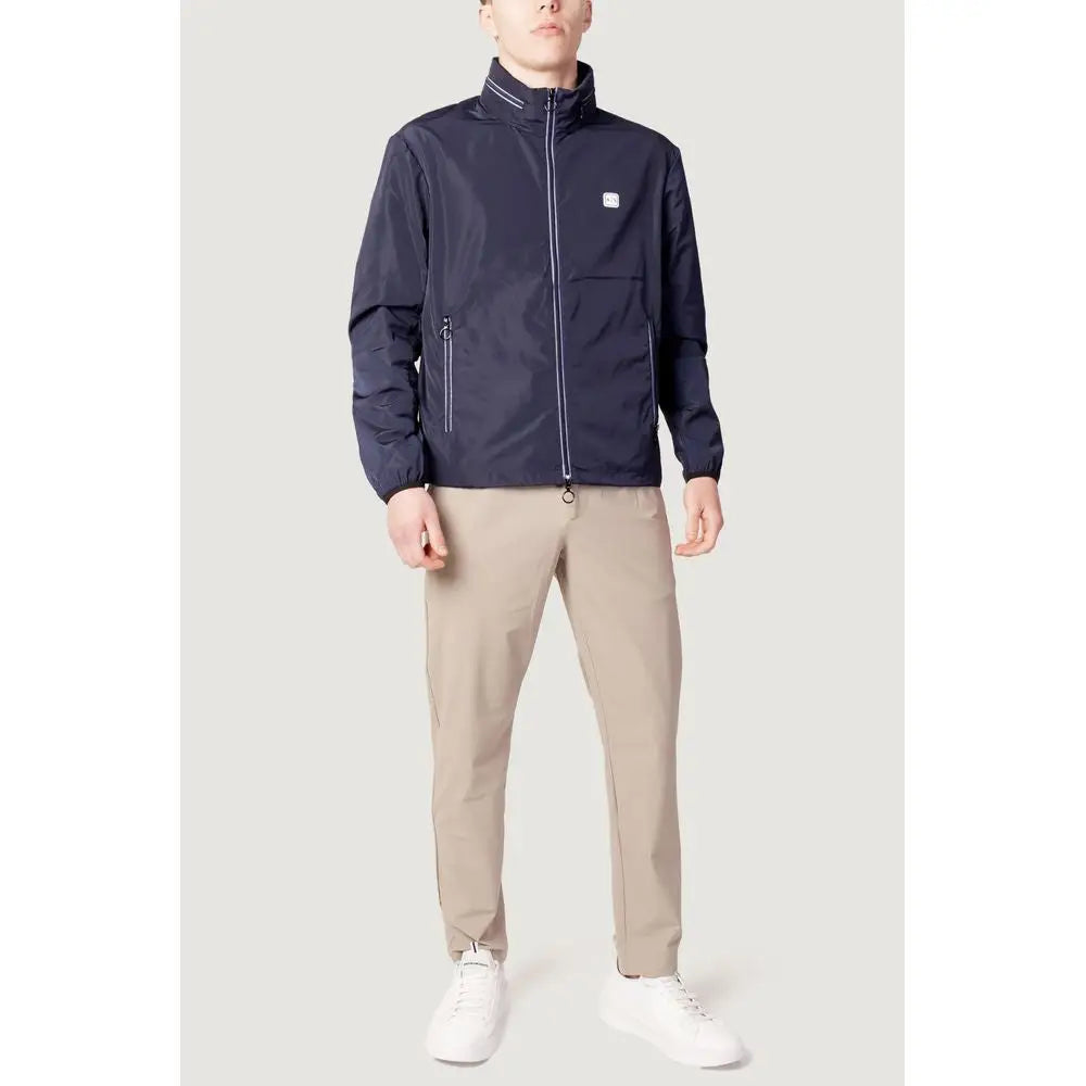 Veste zippée légère armani exchange bleu marine en polyester avec bordure blanche subtile et petit logo sur la poitrine