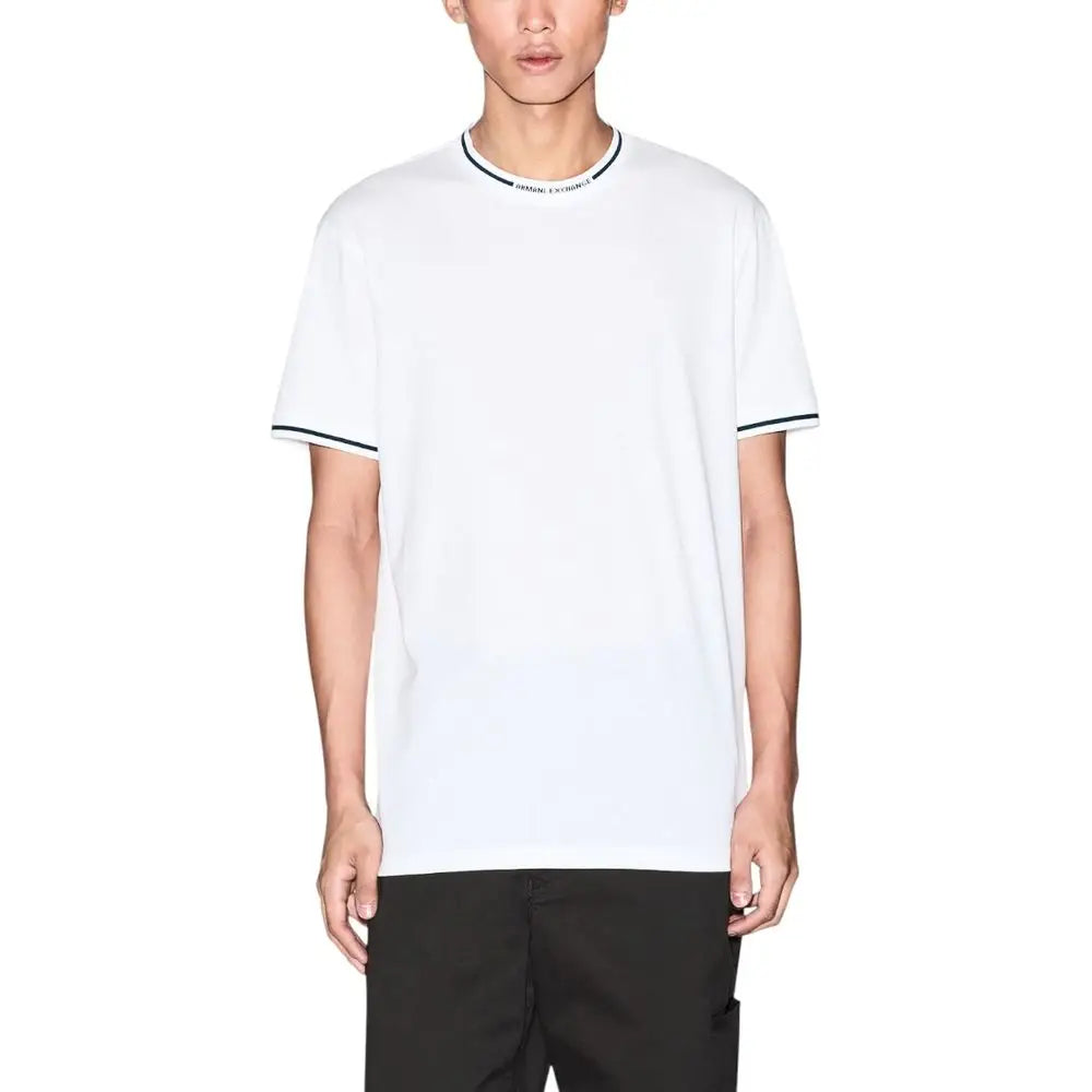 T-shirt blanc en coton armani exchange avec bordures noires au col et manches et logo subtil brodé au col