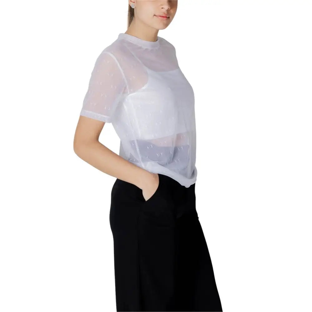 Armani exchange t-shirt blanc en polyamide avec manches courtes col haut et tissu en maille transparente
