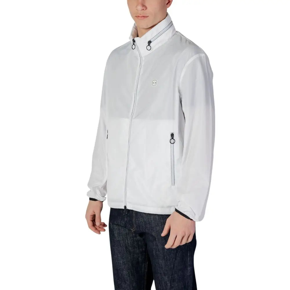 Veste blanche légère armani exchange en polyester avec design bicolore subtil et curseurs de fermeture éclair noirs