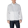 Veste shell blanche armani exchange en polyester légère avec fermeture éclair noire subtile et logo petit sur la poitrine